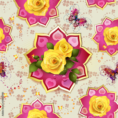 Seamless pattern with roses and butterflies