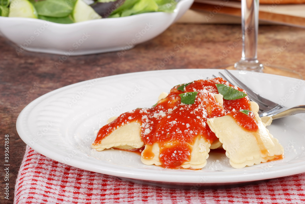 Closeup ravioli with cheese and basil Closeup ravioli with cheese and basil