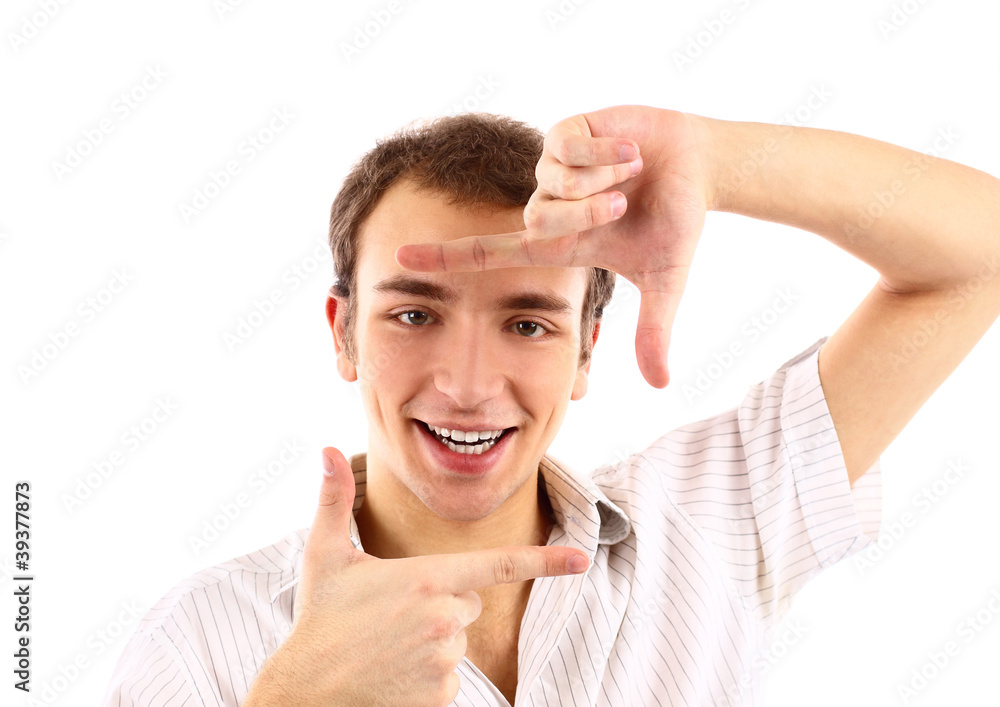Closeup of handsome young man making frame with hands Closeup of handsome young man making frame with hands