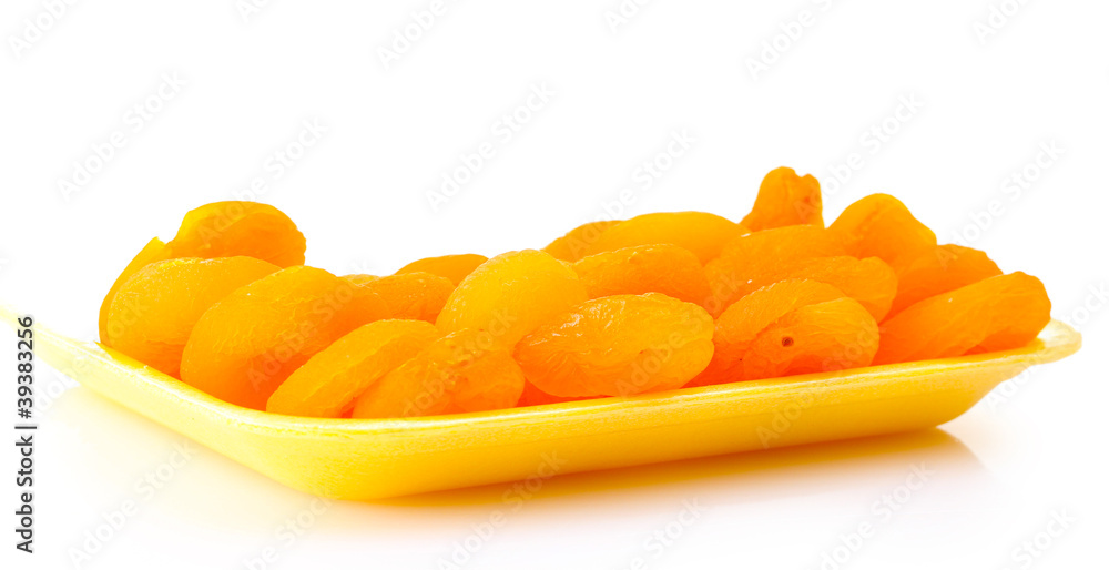 delicious dried apricots in packaging isolated on white delicious dried apricots in packaging isolated on white