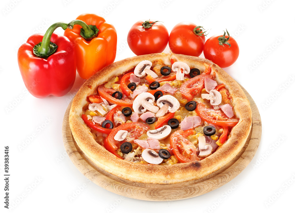 Aromatic pizza with vegetables isolated on white Aromatic pizza with vegetables isolated on white
