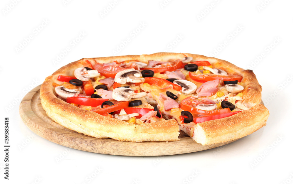 Sliced pizza close-up isolated on white