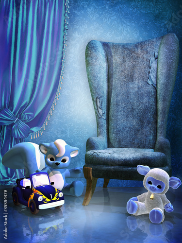 Niebieski pokój z fotelem i zabawkami