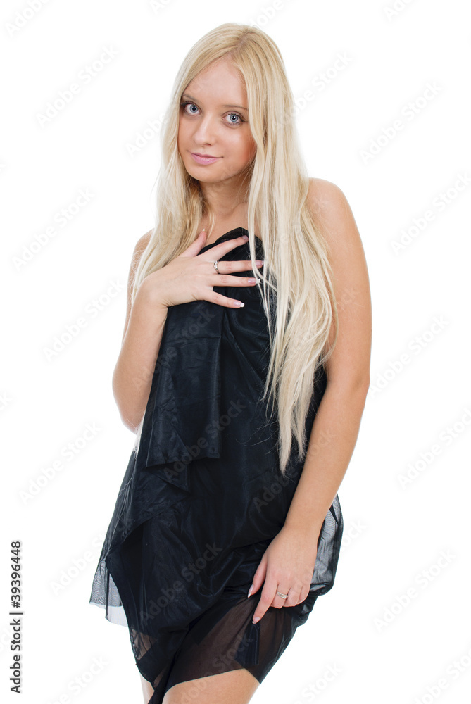 Sexy blond lady in black dress isolated on white background Sexy blond lady in black dress isolated on white background