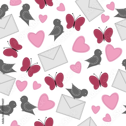 seamless background with birds, butterflies and hearts