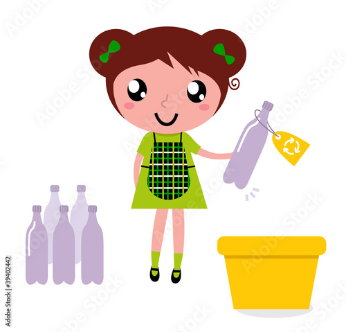 Cute girl recycle garbage into recycling bin
