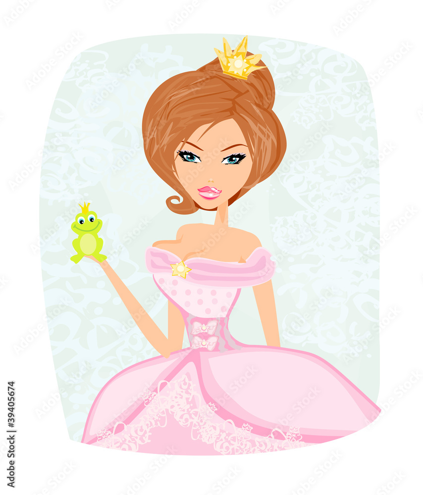 Beautiful young princess holding a big green frog Beautiful young princess holding a big green frog