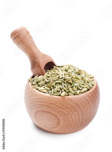 Wooden scoop in bowl full of fennel isolated on white
