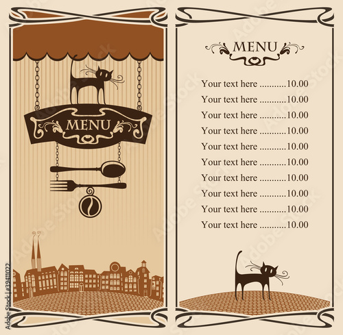 Menu for City Cafe with cat on sign