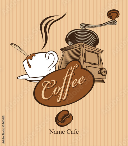 banner with cup of coffee and coffee grinder
