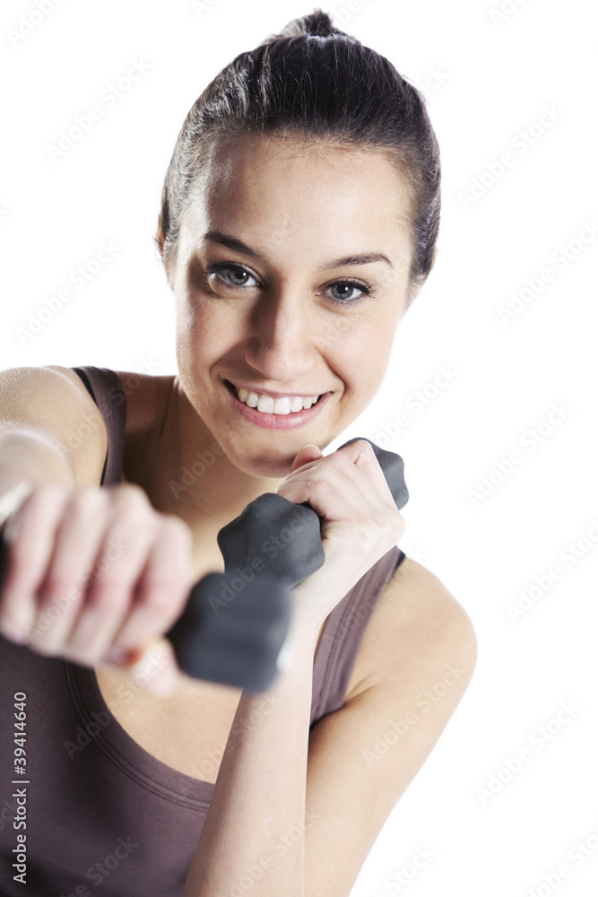 Woman fitness with dumbbells isolated on white Woman fitness with dumbbells isolated on white