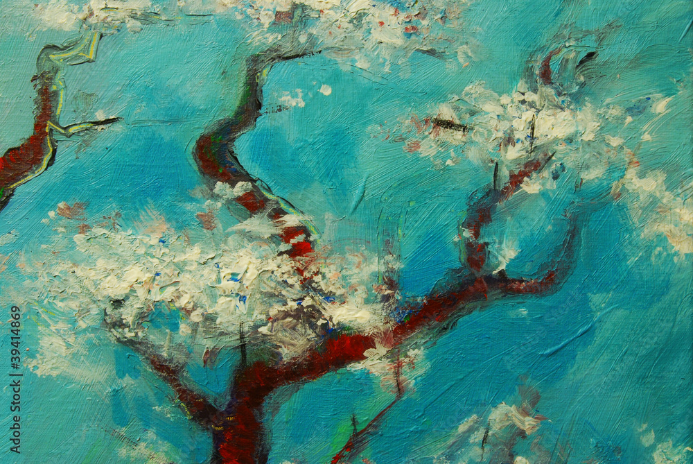 Fototapeta Kwitnące drzewo z białymi kwiatami na turkusowym tle. Obraz ręcznie malowany