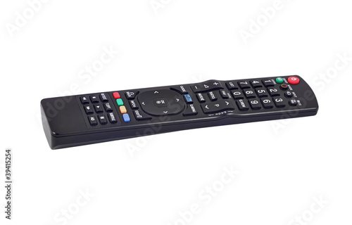 Remote control for TV set on white background