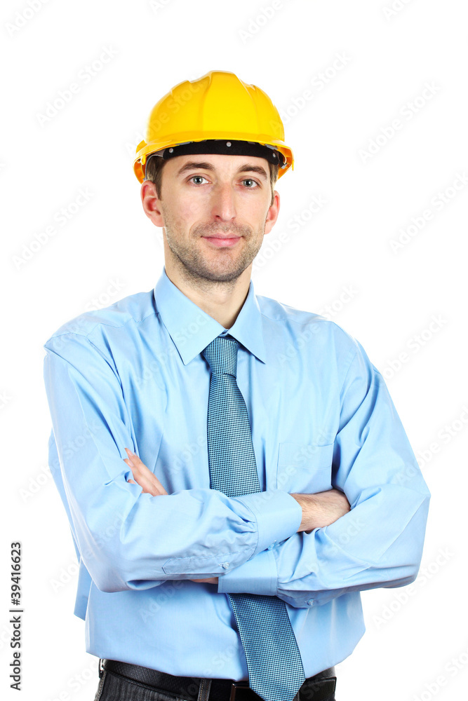 Young man architect with helmet isolated on white Young man architect with helmet isolated on white