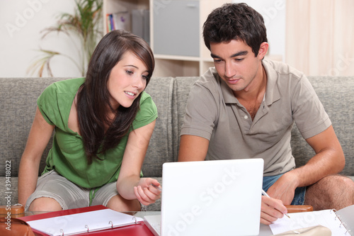 Young couple sitting on a sofa with a laptop © auremar