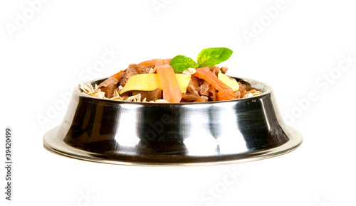 Napf mit lekerem Katzenfutter mit weißem Hintergrund