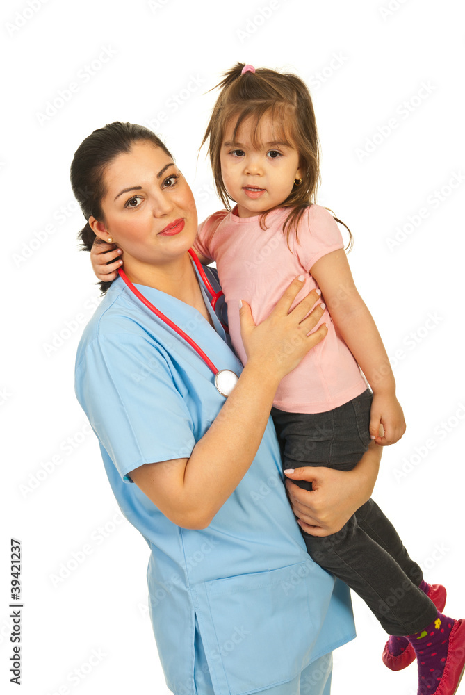 Happy doctor woman holding toddler Happy doctor woman holding toddler