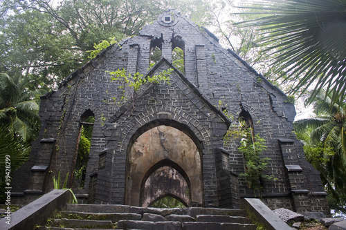 Ruin of abandoned church covered with roots on Ross Island photo