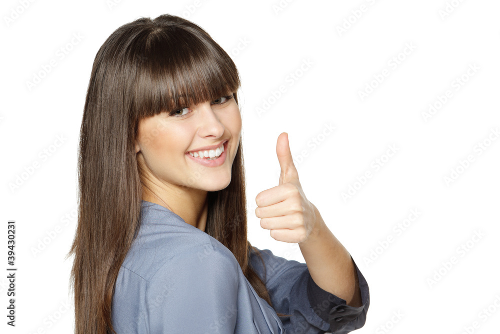 Closeup of happy woman showing thumbs up Closeup of happy woman showing thumbs up