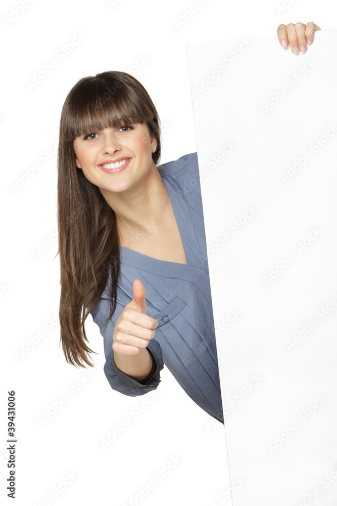Female holding the blank board and showing thumb up Female holding the blank board and showing thumb up