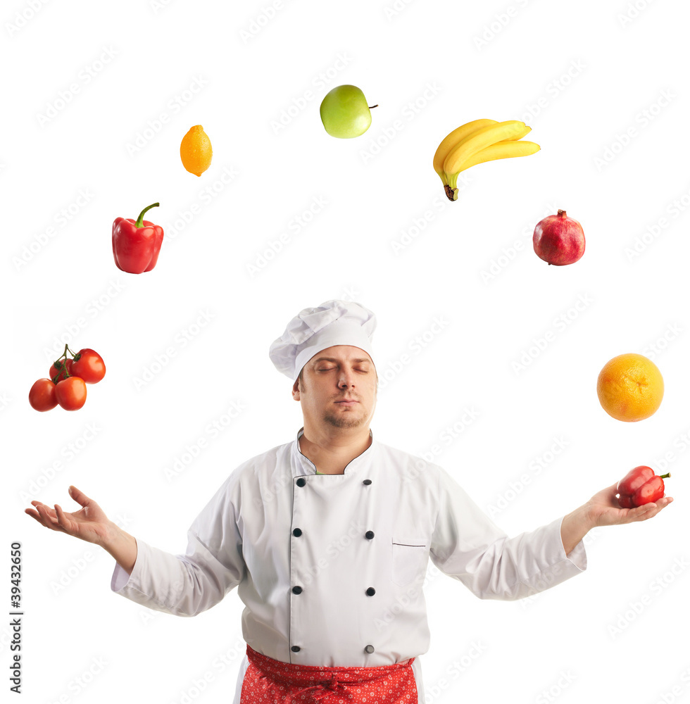 chef juggles fruit and vegetables with eyes closed chef juggles fruit and vegetables with eyes closed
