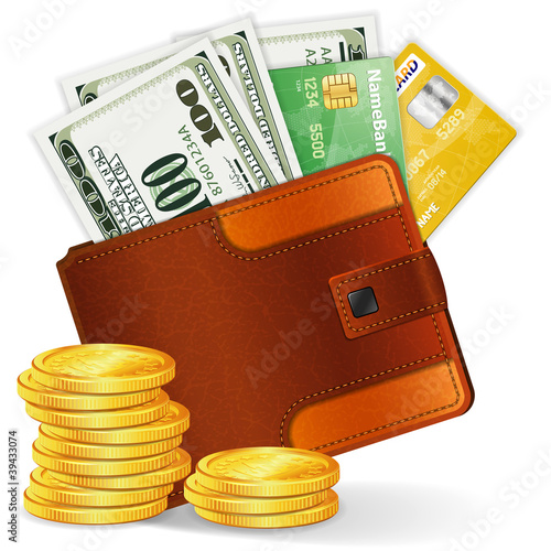 Purse with Dollars, Credit Cards and Coins