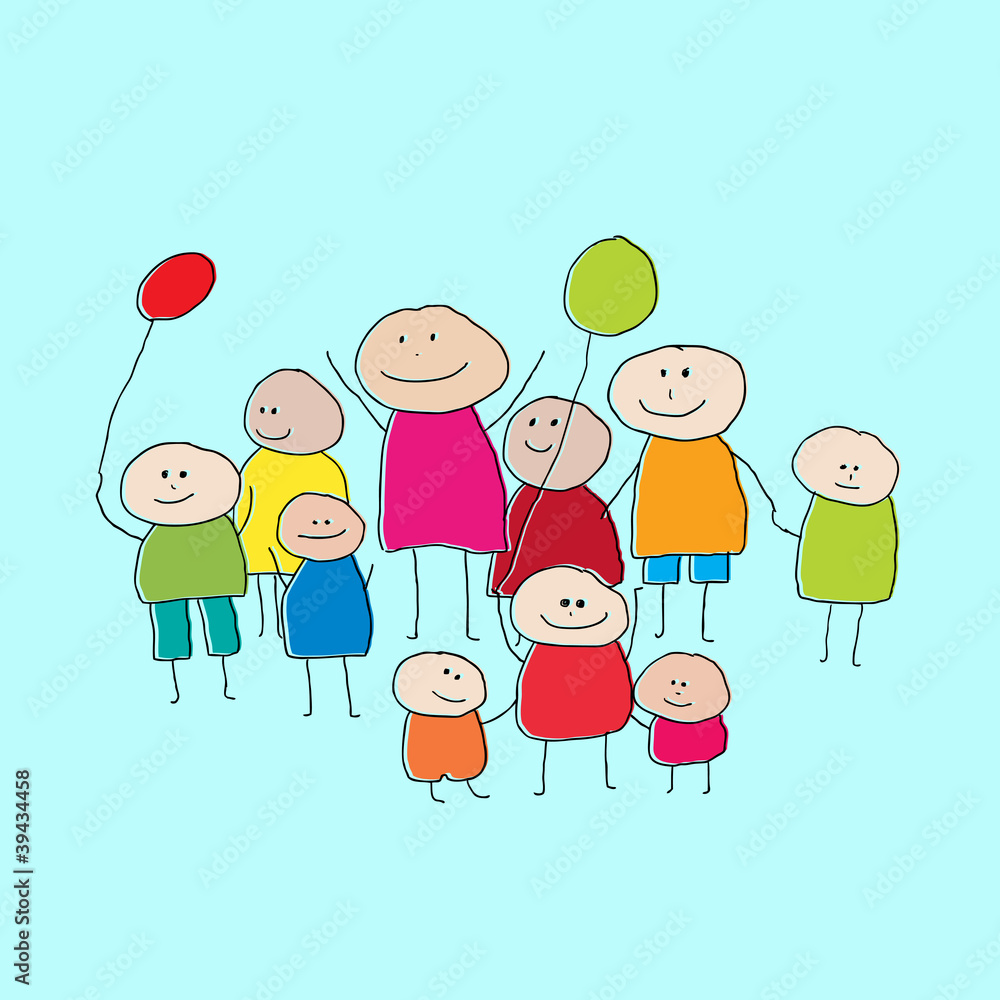 Naklejka premium Drawing of a group of people or big family with little children