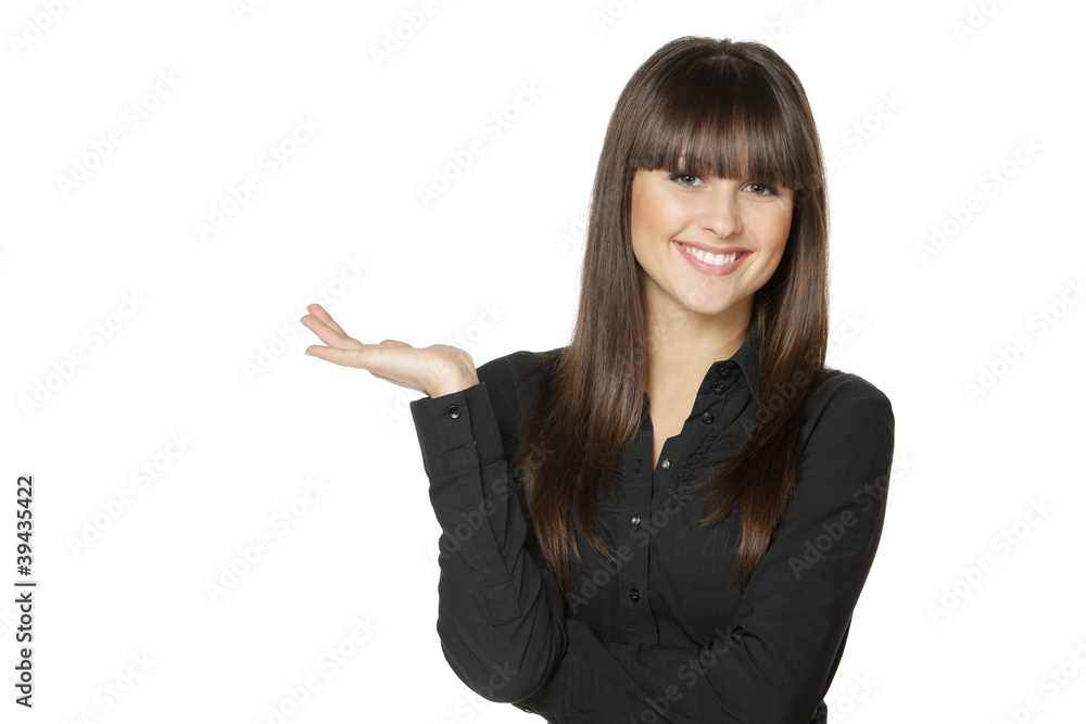 Woman holding empty copy space on open hand palm Woman holding empty copy space on open hand palm