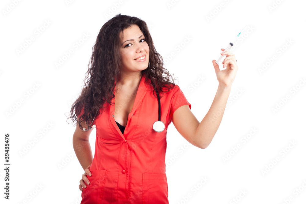 Attractive nurse or woman doctor with syringe Attractive nurse or woman doctor with syringe