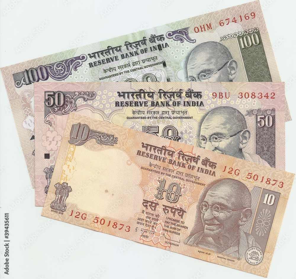 Indian banknotes - 10, 50 and 100 Indian rupees