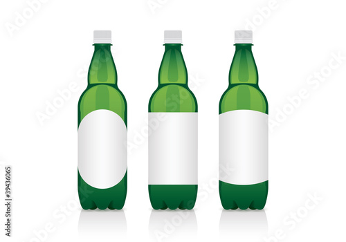 realistic green plastic beer bottle with different labels
