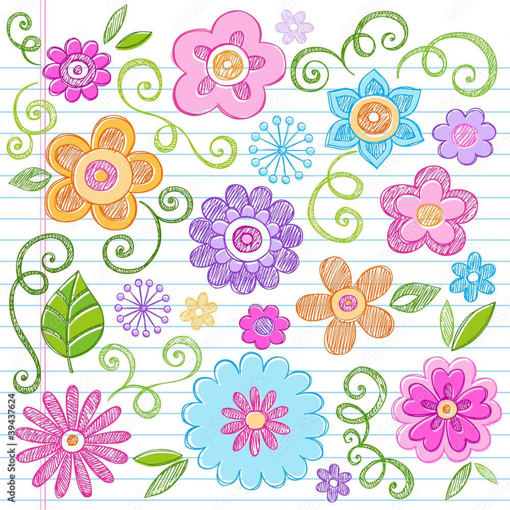 Colorful Flowers Sketchy Doodle Vector Design Elements Set