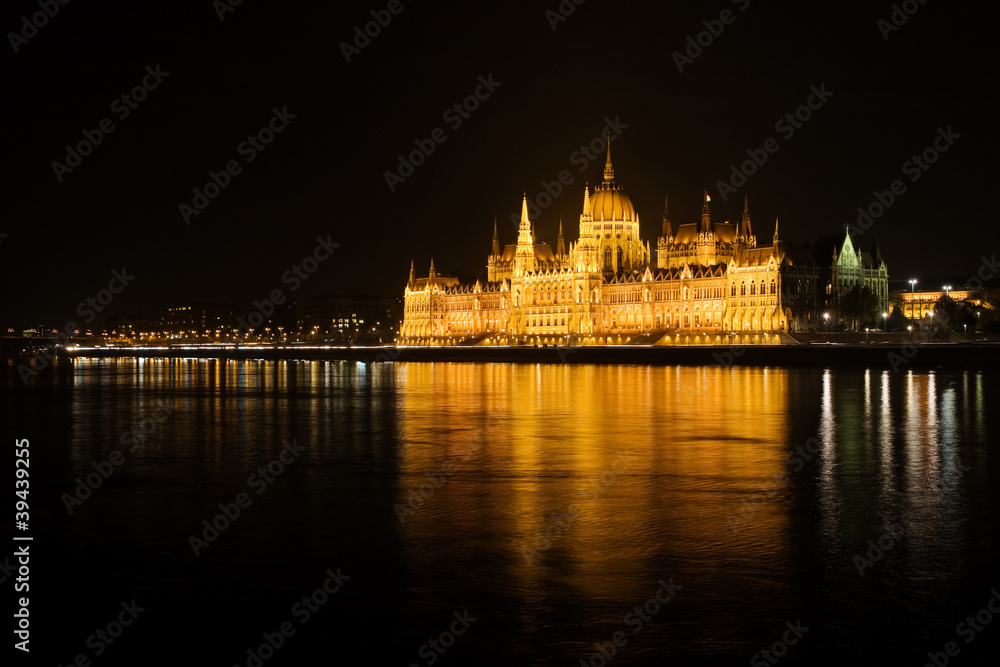night scene with hungarian parliament house, budapest, hungary