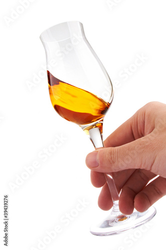 glass of brandy or whisky in the hand