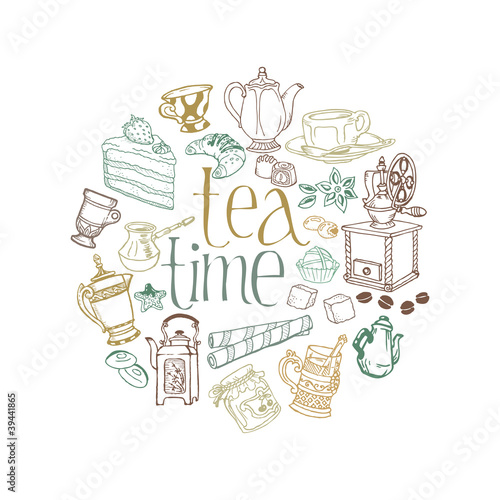 Card with Tea and Coffee Doodles in vector