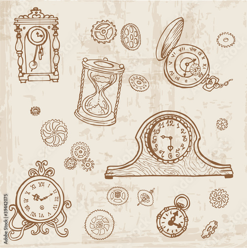 Set of Vintage Doodle Clock and gear - hand drawn in vector