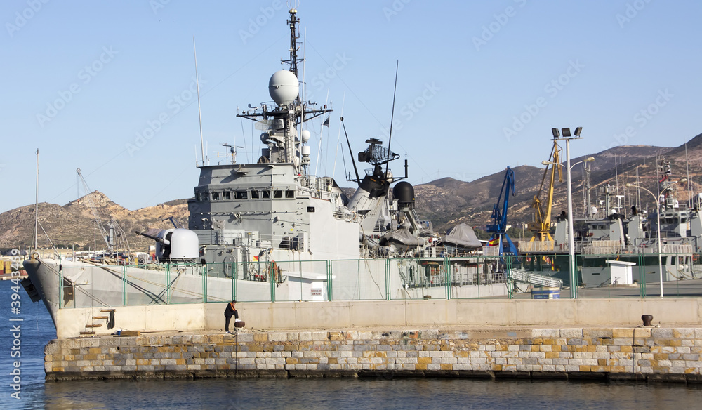 Fototapeta premium modern warship with guns and anti submarine mines