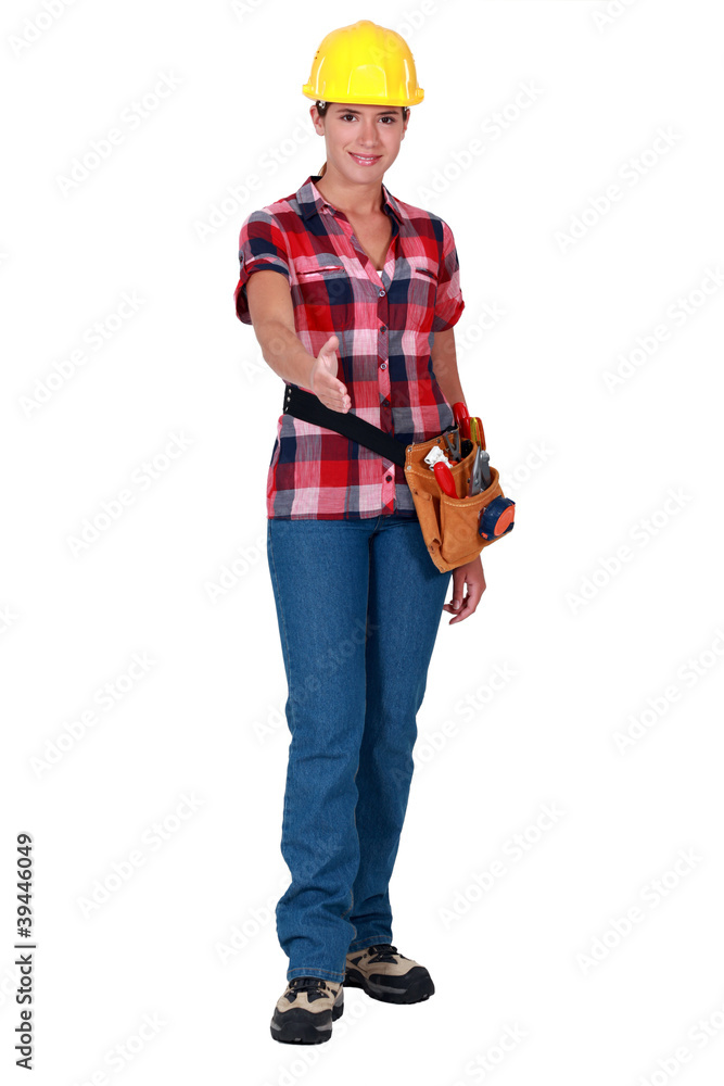 Woman laborer stretching her hand for greeting Woman laborer stretching her hand for greeting
