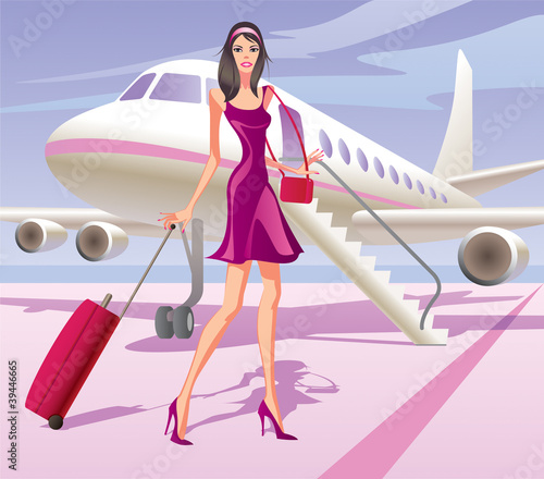 Fashion model is traveling by aircraft