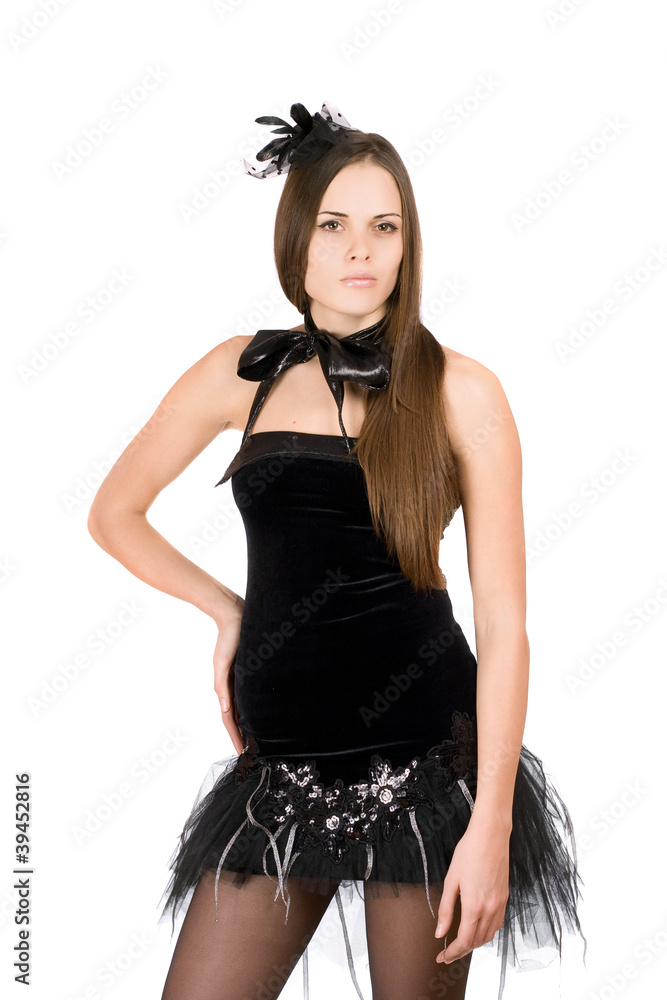 woman in a short black dress