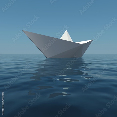 Paper boat in the sea. 3D rendering