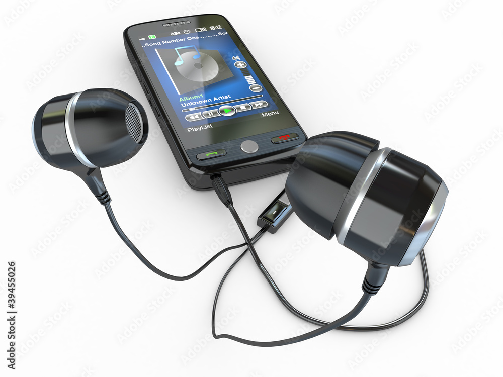 Mobile phone with headphones. 3d Mobile phone with headphones. 3d