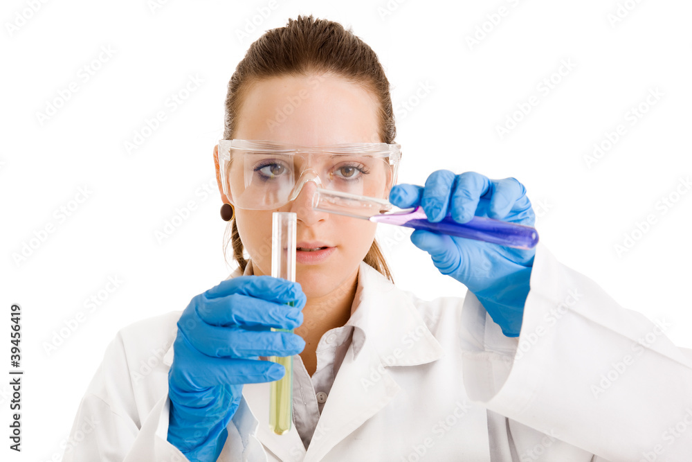 female scientist making experiences, isolated on white female scientist making experiences, isolated on white