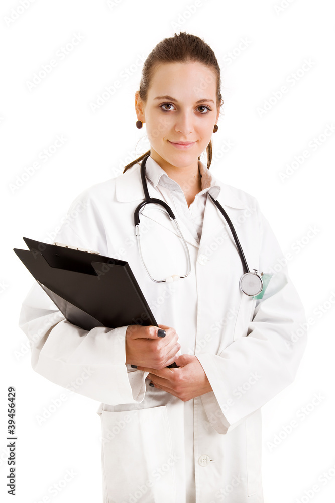 Female doctor holding a clipboard - isolated over a white backgr Female doctor holding a clipboard - isolated over a white backgr
