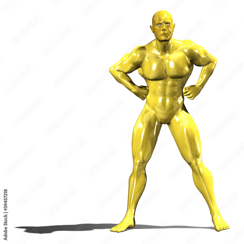 Gold hero man statue in confident pose