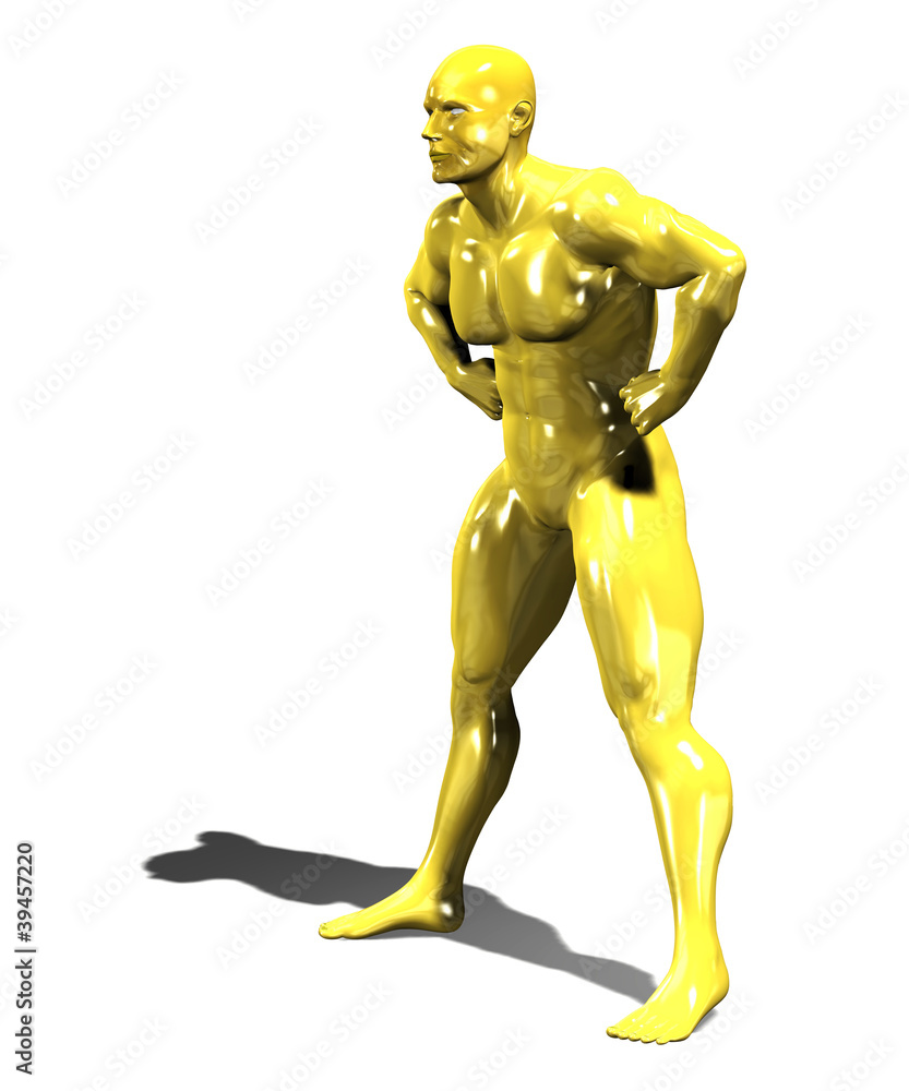 Gold hero man statue in confident pose