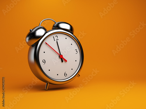 Clock alarm 3D. Time concept. On orange background
