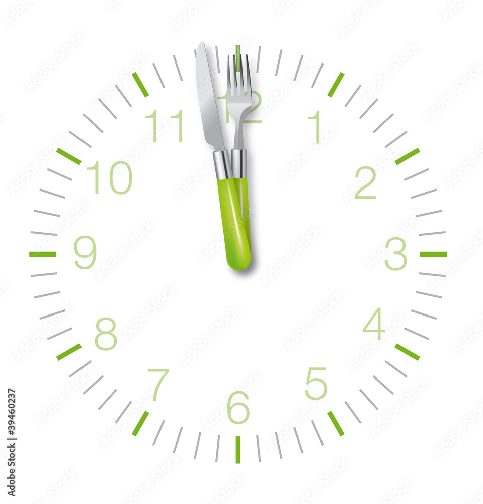 Midi : l'heure du déjeuner (pendule fourchette couteau) Stock Vector |  Adobe Stock