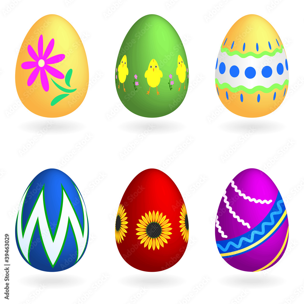 Set of six Easter eggs on a white background