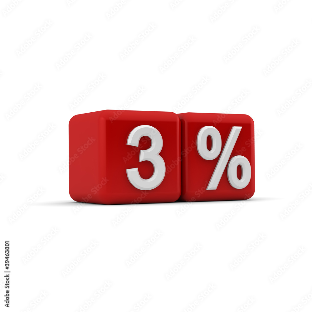 Red 3d block with three percent text Red 3d block with three percent text